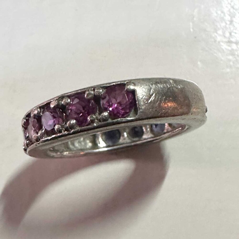 925 Silver Amethyst & Garnet Band Ring • India Made • Vintage Gemstone Ring